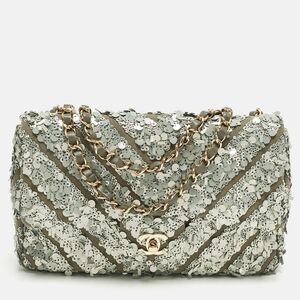 Chanel Classic Single Flap Medium Green Sequins And Canvas Shoulder Bag